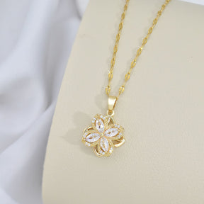 Rotatable Titanium Steel Four-petal Flower Necklace with Zircon