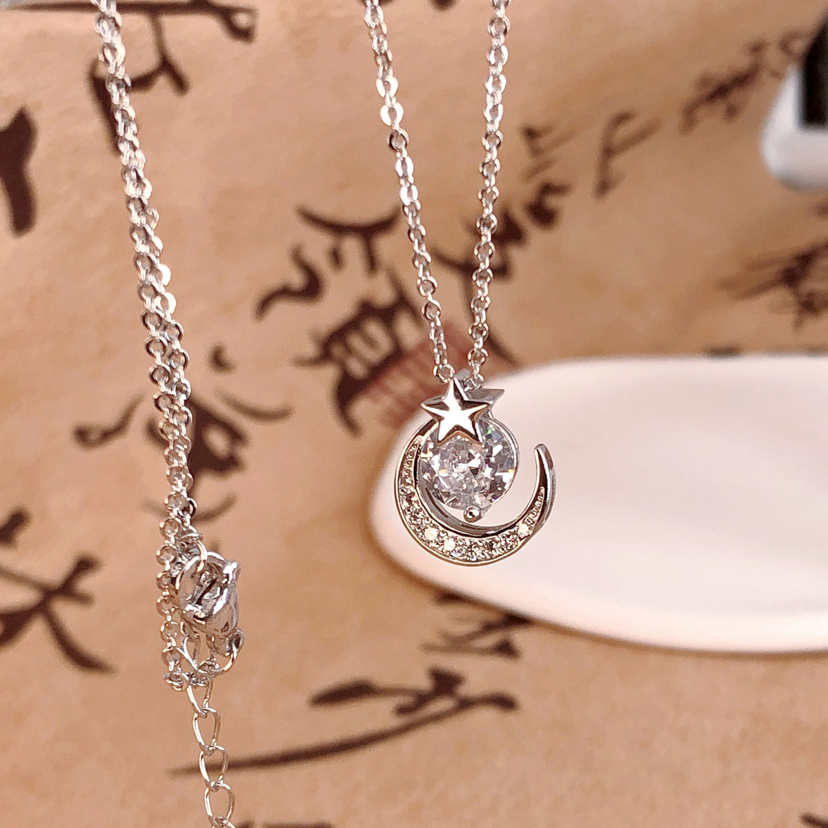 Shining Zircon Star and Moon Necklace