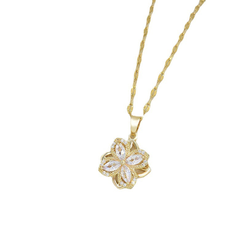 Rotatable Titanium Steel Four-petal Flower Necklace with Zircon