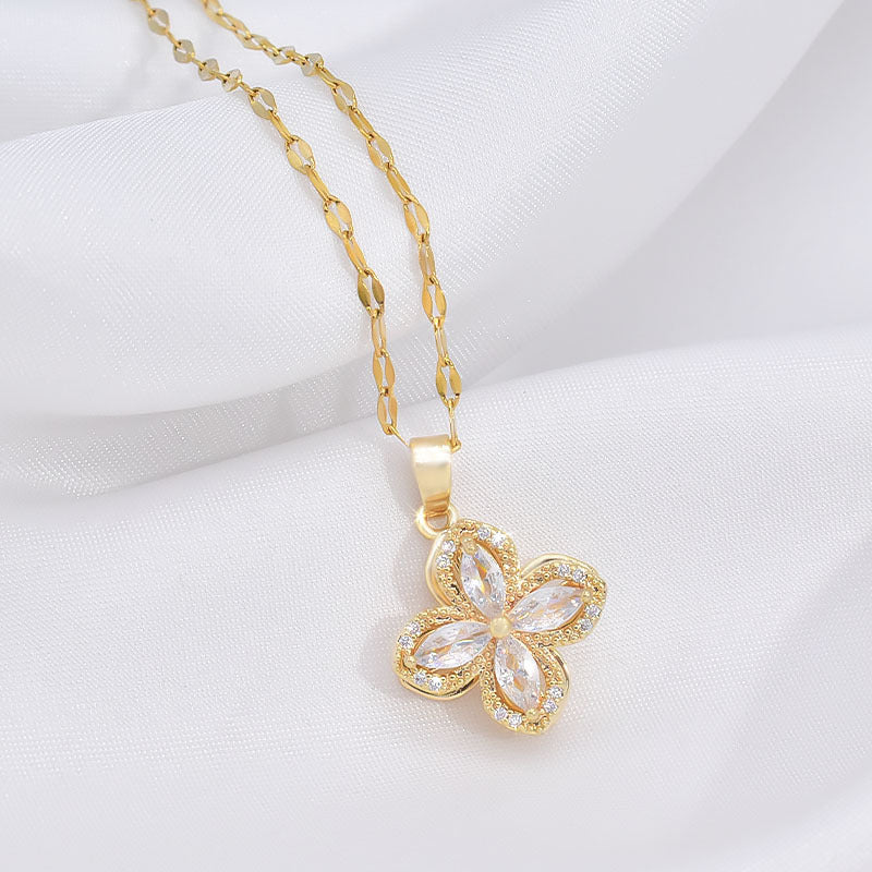 Rotatable Titanium Steel Four-petal Flower Necklace with Zircon