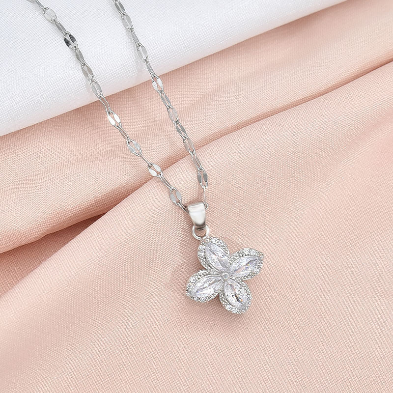 Rotatable Titanium Steel Four-petal Flower Necklace with Zircon