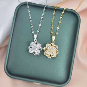 Rotatable Titanium Steel Four-petal Flower Necklace with Zircon