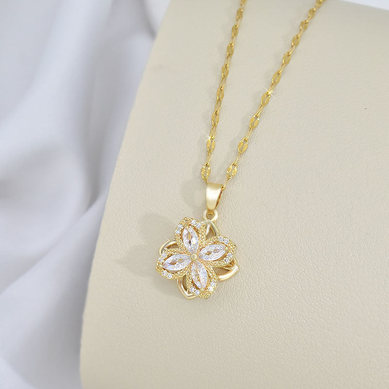 Rotatable Titanium Steel Four-petal Flower Necklace with Zircon