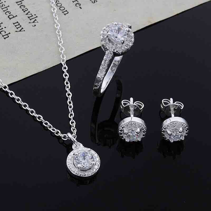 Silver Necklace, Ring, and Earrings Set