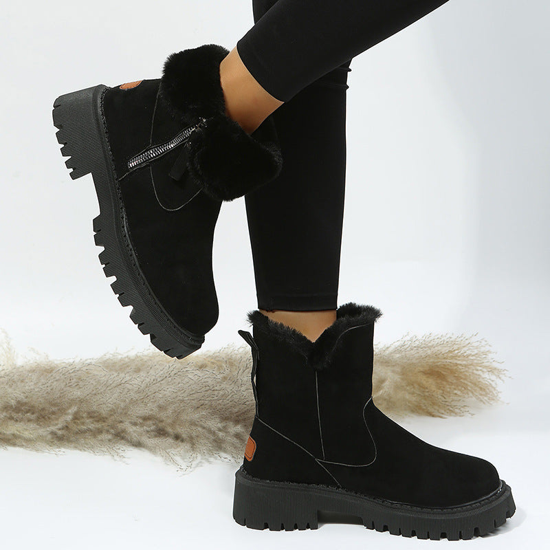 Women's Snow Boots Winter Warm Foldable Plush Tube Short Boot Solid Color Round-toe Platform Shoes